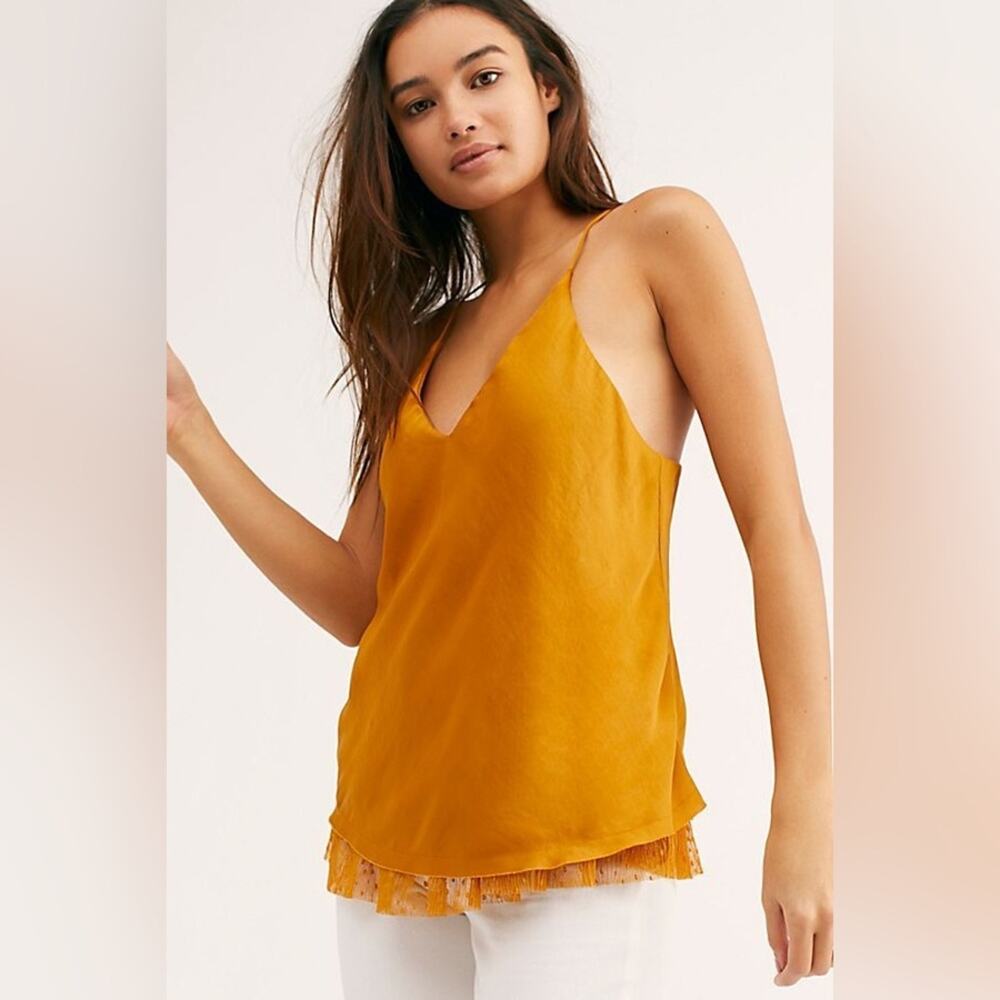 NWT Free People Sz L Satin Cami One I Love Tank Mustard Yellow Gold Lace Trim